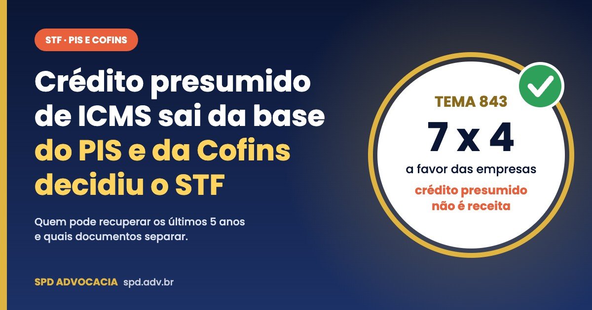 Crédito presumido de ICMS sai da base do PIS e da Cofins, decidiu o STF no Tema 843